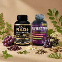 NAD y resveratrol liposomal con sus ingredientes naturales alrededor