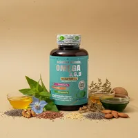 Omega 3, 6 y 9 en cápsulas con sus ingredientes naturales alrededor