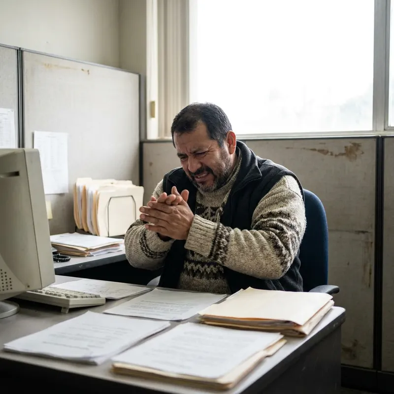 Un hombre de mediana edad en su oficina frotándose las manos para aliviar el hormigueo.