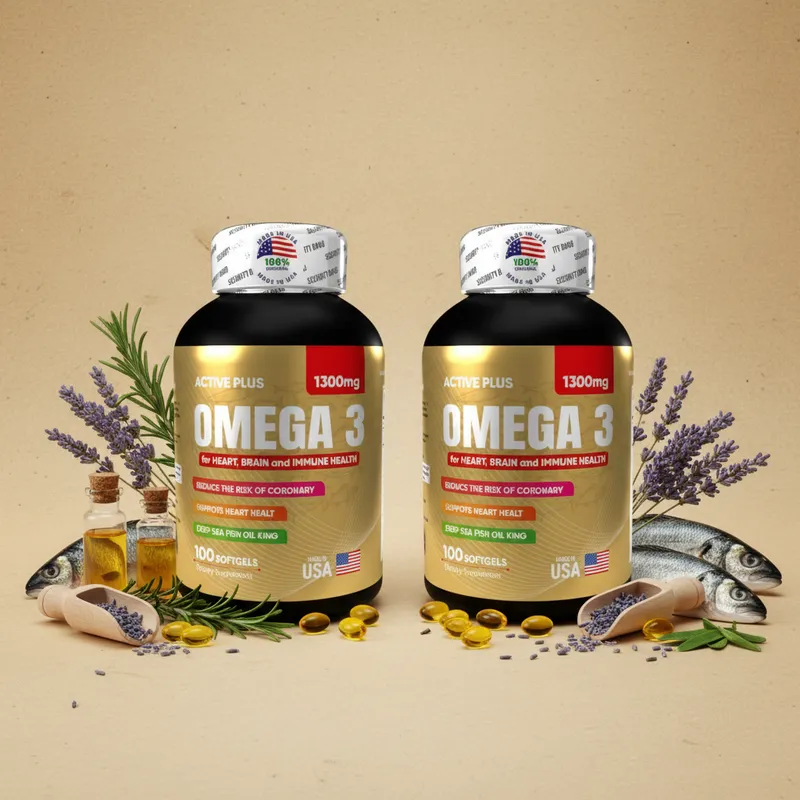 Omega 3 en cápsulas con sus ingredientes naturales alrededor