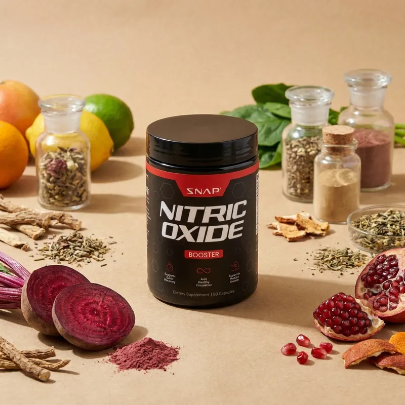 Óxido nítrico en cápsulas con sus ingredientes naturales alrededor