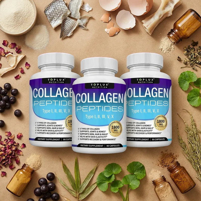 Péptidos de colágeno en cápsulas con sus ingredientes naturales alrededor