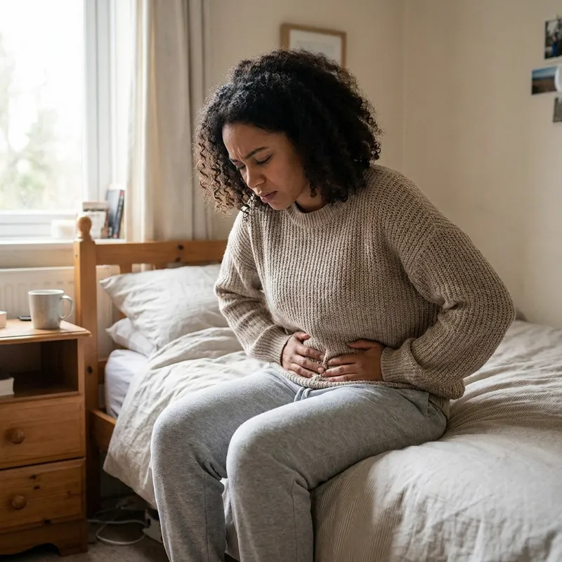 Mujer sentada en la orilla de su cama, con las manos en su vientre bajo y expresión de dolor o incomodidad.