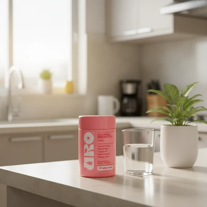 Probióticos vaginales en la cocina de una casa, junto a un vaso de agua