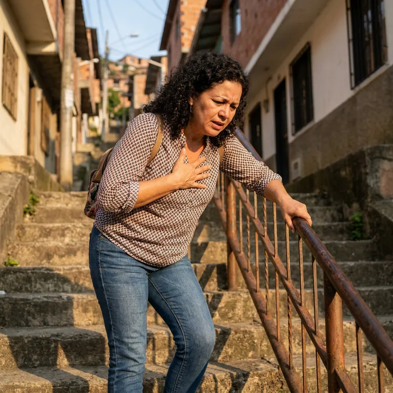 Mujer sin aire a mitad de una escalera, con la mano en el pecho