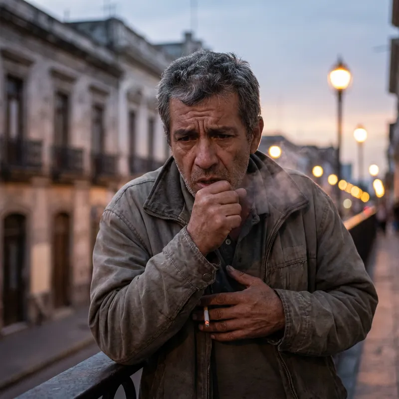 Hombre fumando que tose con la mano en el pecho