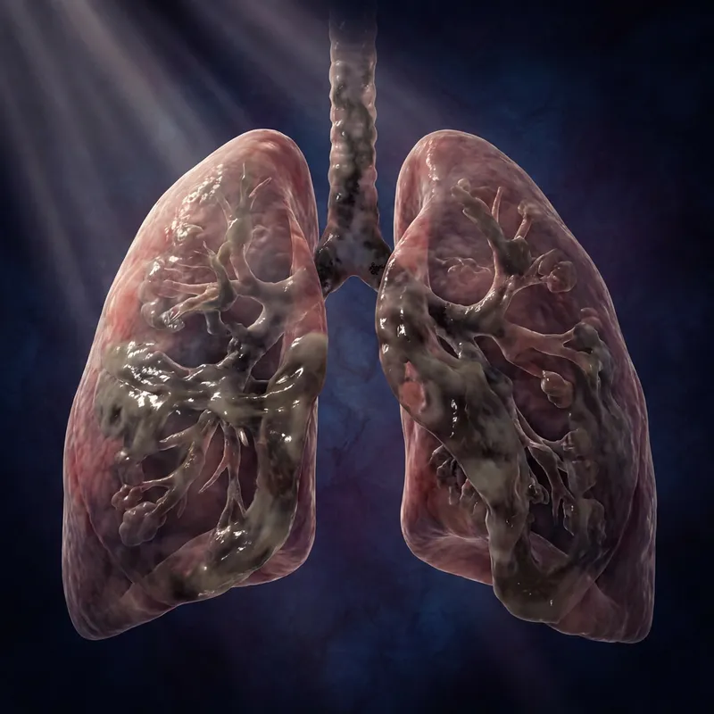 Ilustración de unos pulmones oscuros, cargados de flema