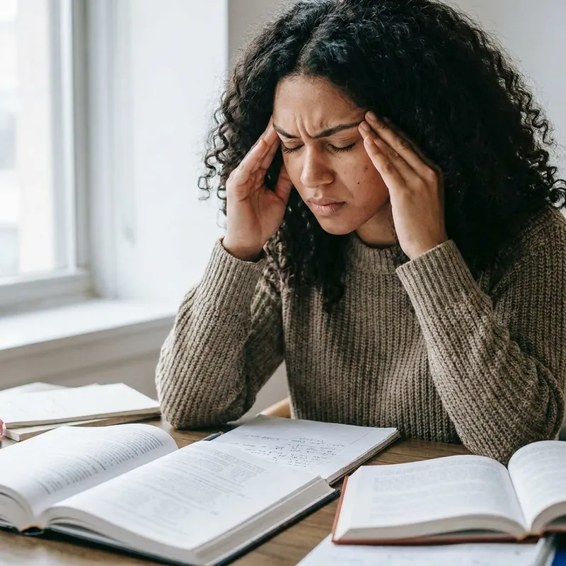 Una mujer joven en su escritorio frotándose las sienes con frustración frente a sus apuntes de estudio.