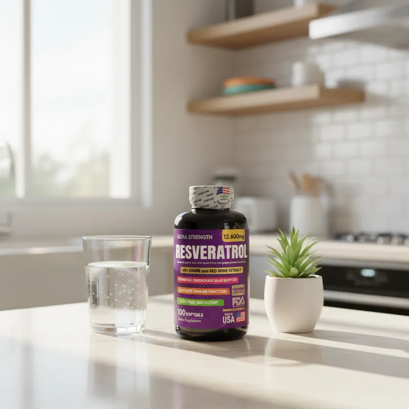 Resveratrol en cápsulas blandas en la cocina de una casa, junto a un vaso de agua