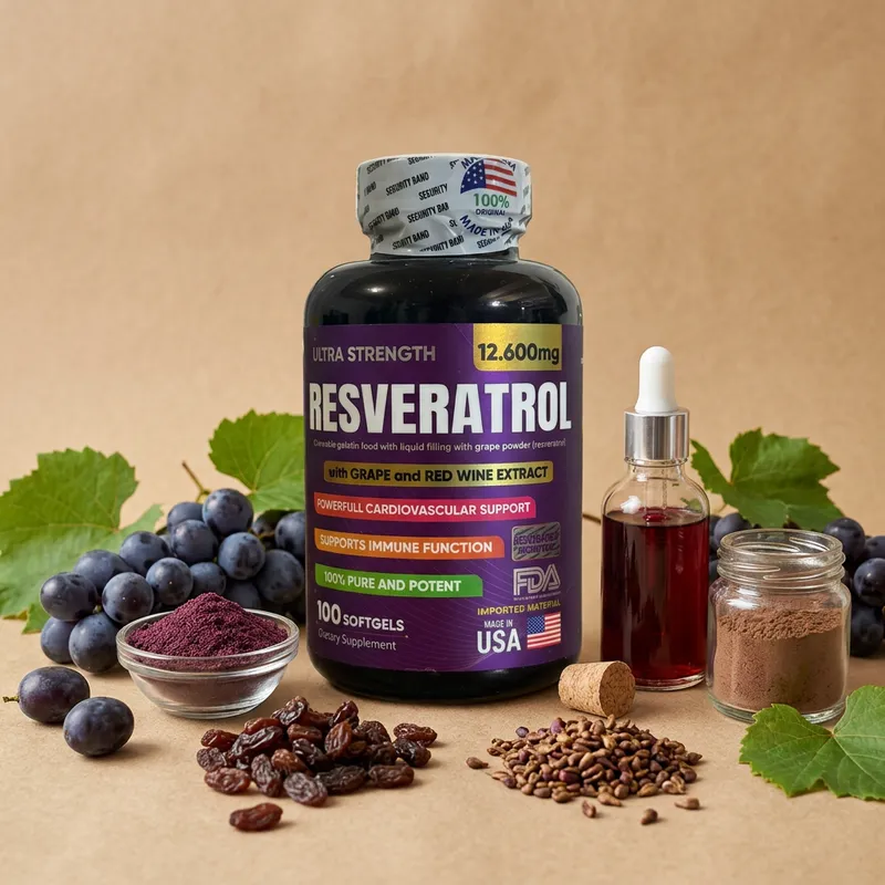 Resveratrol en cápsulas blandas con sus ingredientes naturales alrededor