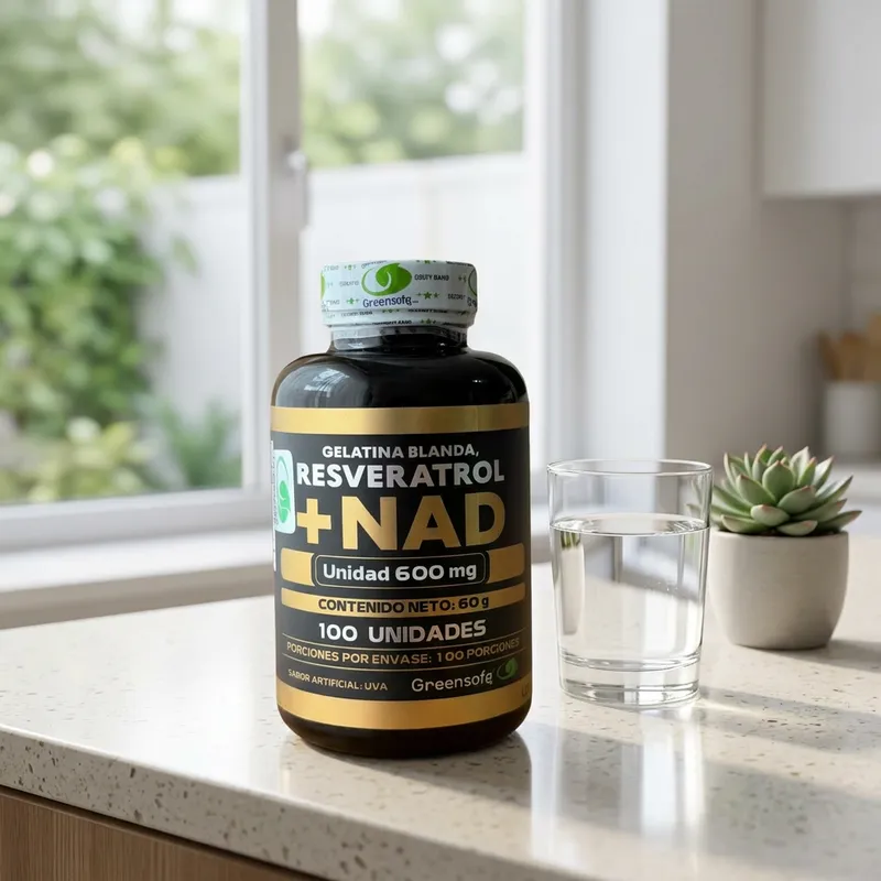 Resveratrol y NAD en cápsulas en la cocina de una casa, junto a un vaso de agua