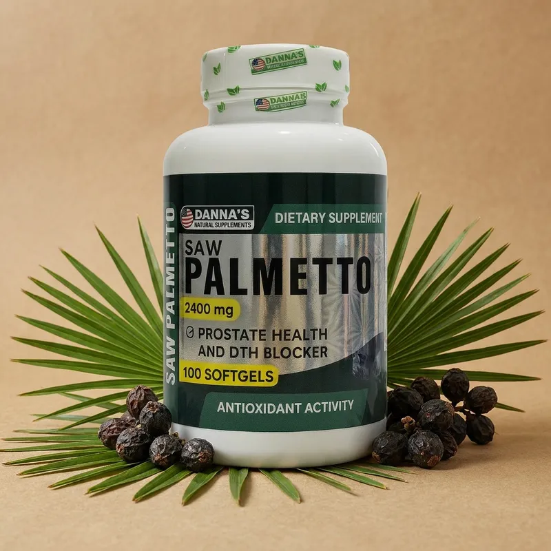 Saw palmetto en cápsulas con sus ingredientes naturales alrededor