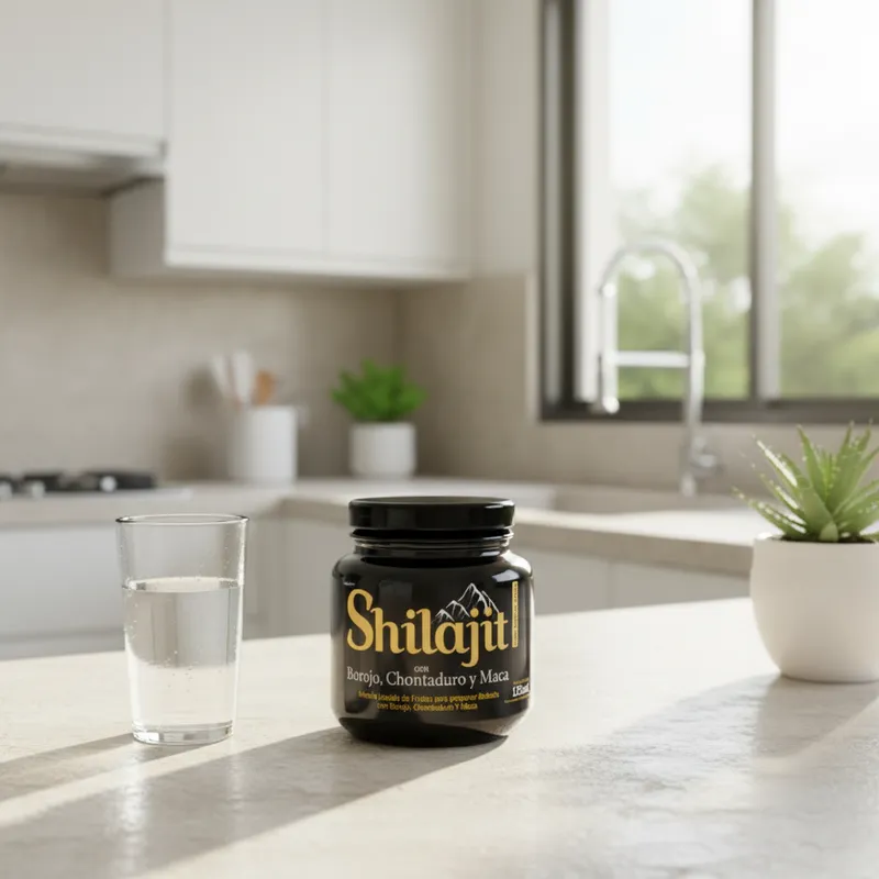 Shilajit líquido con borojó en la cocina de una casa, junto a un vaso de agua