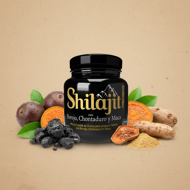 Shilajit líquido con borojó con sus ingredientes naturales alrededor