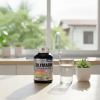 Silimarina en cápsulas en la cocina de una casa, junto a un vaso de agua