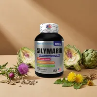 Silimarina en cápsulas con sus ingredientes naturales alrededor