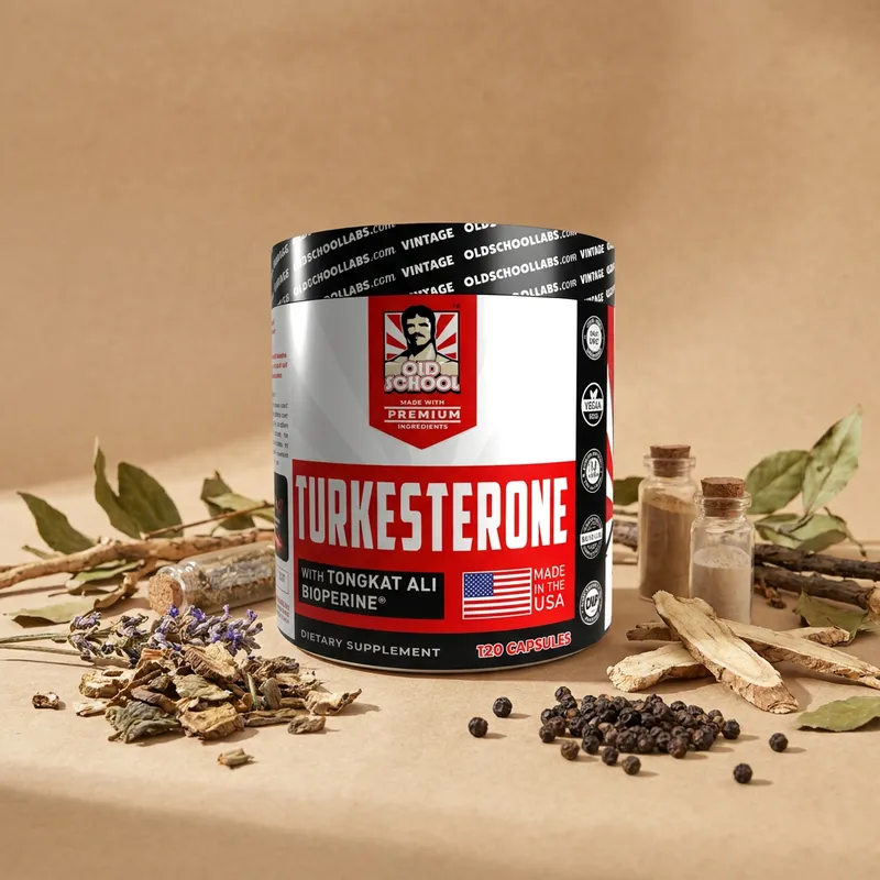 Turkesterona con tongkat ali con sus ingredientes naturales alrededor