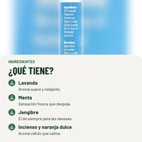 Ingredientes de Vertigo Ease: Lavanda, Menta, Jengibre, Incienso y naranja dulce