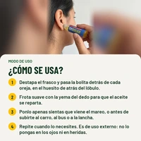 Cómo se usa Vertigo Ease: 1. Destapa el frasco y pasa la bolita detrás de cada oreja, en el huesito de atrás del lóbulo. 2. Frota suave con la yema del dedo para que el aceite se reparta. 3. Ponlo apenas sientas que viene el mareo, o antes de subirte al carro, al bus o a la lancha. 4. Repite cuando lo necesites. Es de uso externo: no lo pongas en los ojos ni en heridas.
