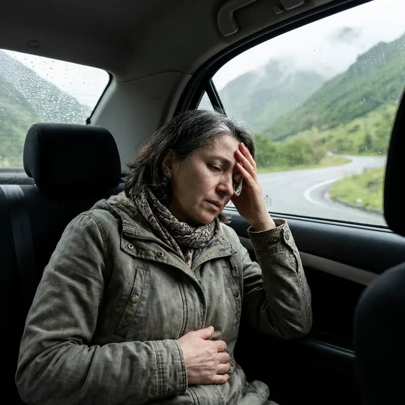 Señora mareada en el asiento de atrás de un carro, con la mano en la frente