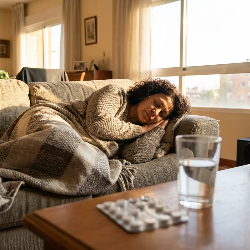 Mujer dormida en el sofá en pleno día, con un blíster de pastillas en la mesa