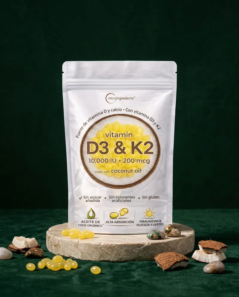 Vitamina D3 y K2 en cápsulas sobre una piedra en un estudio verde, con sus ingredientes