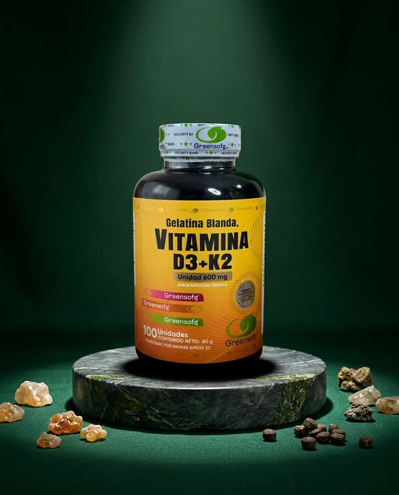 Vitamina D3 y K2 en cápsulas sobre una piedra en un estudio verde, con sus ingredientes