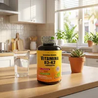 Vitamina D3 y K2 en cápsulas en la cocina de una casa, junto a un vaso de agua