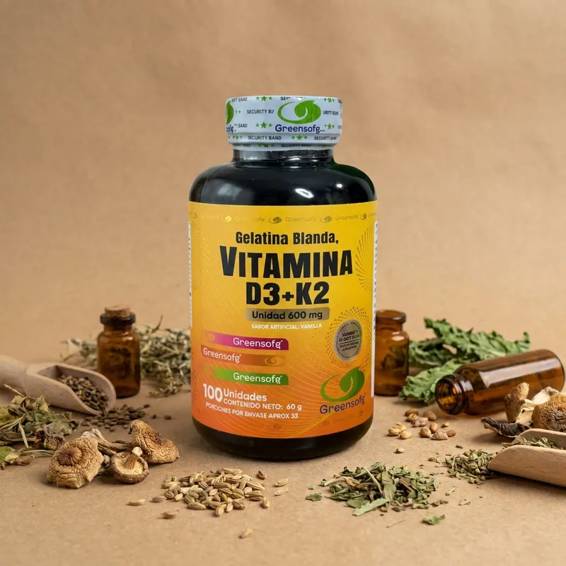 Vitamina D3 y K2 en cápsulas con sus ingredientes naturales alrededor