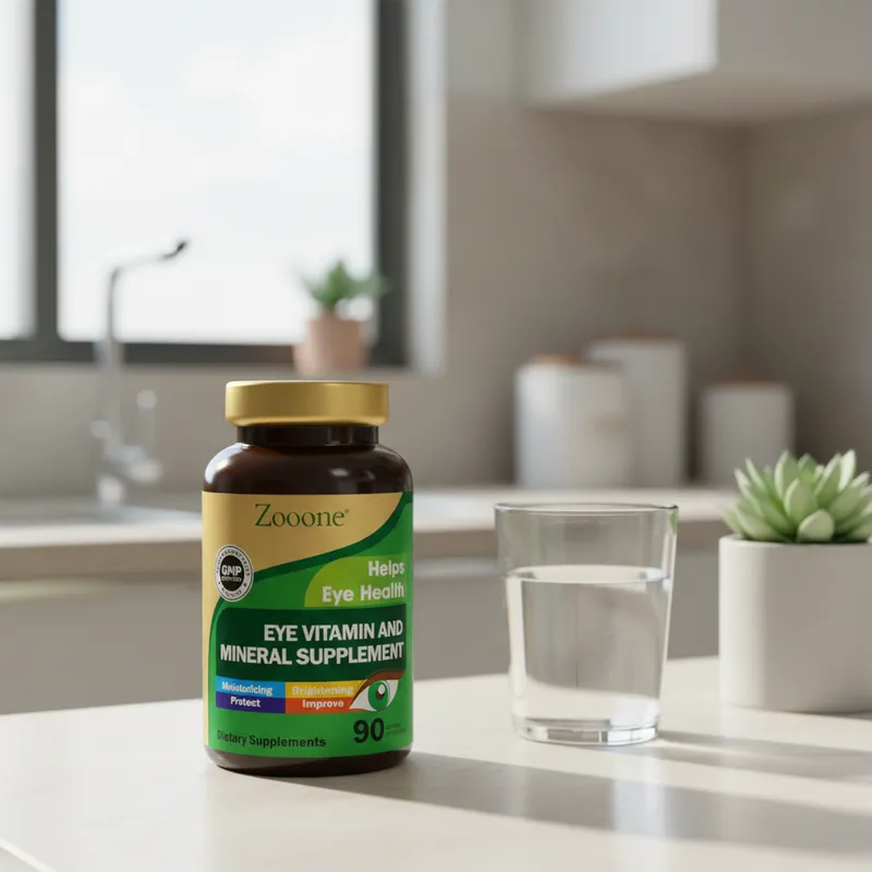 Vitaminas para los ojos en la cocina de una casa, junto a un vaso de agua