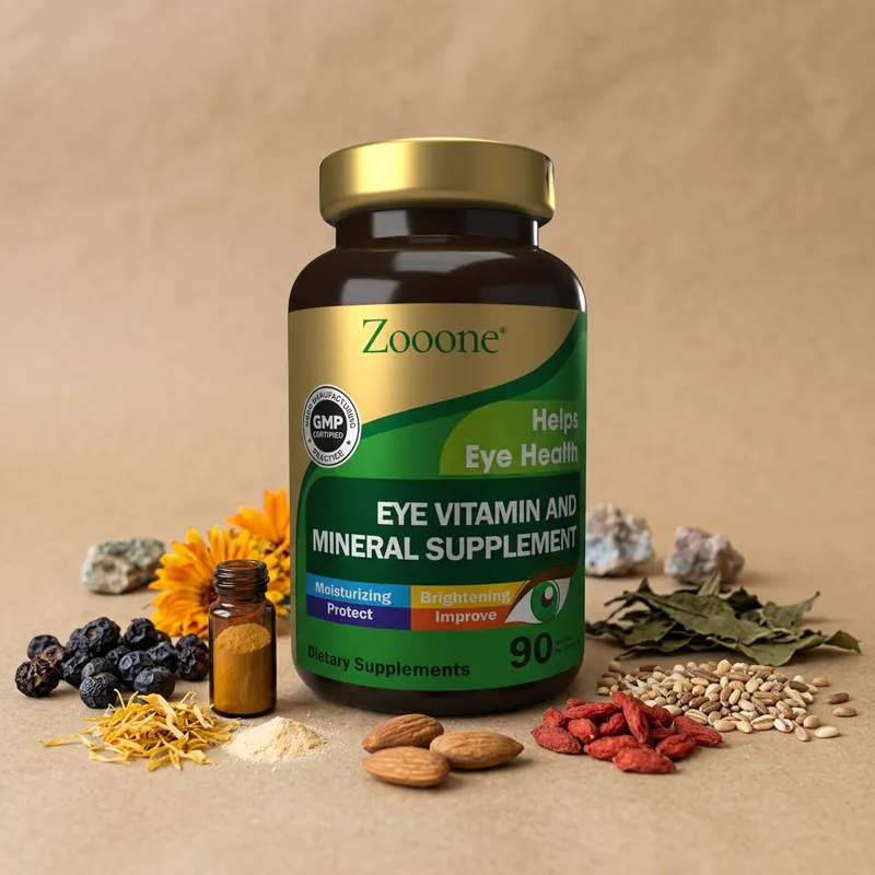Vitaminas para los ojos con sus ingredientes naturales alrededor